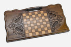 Angled view of the octagon medallion carved backgammon board