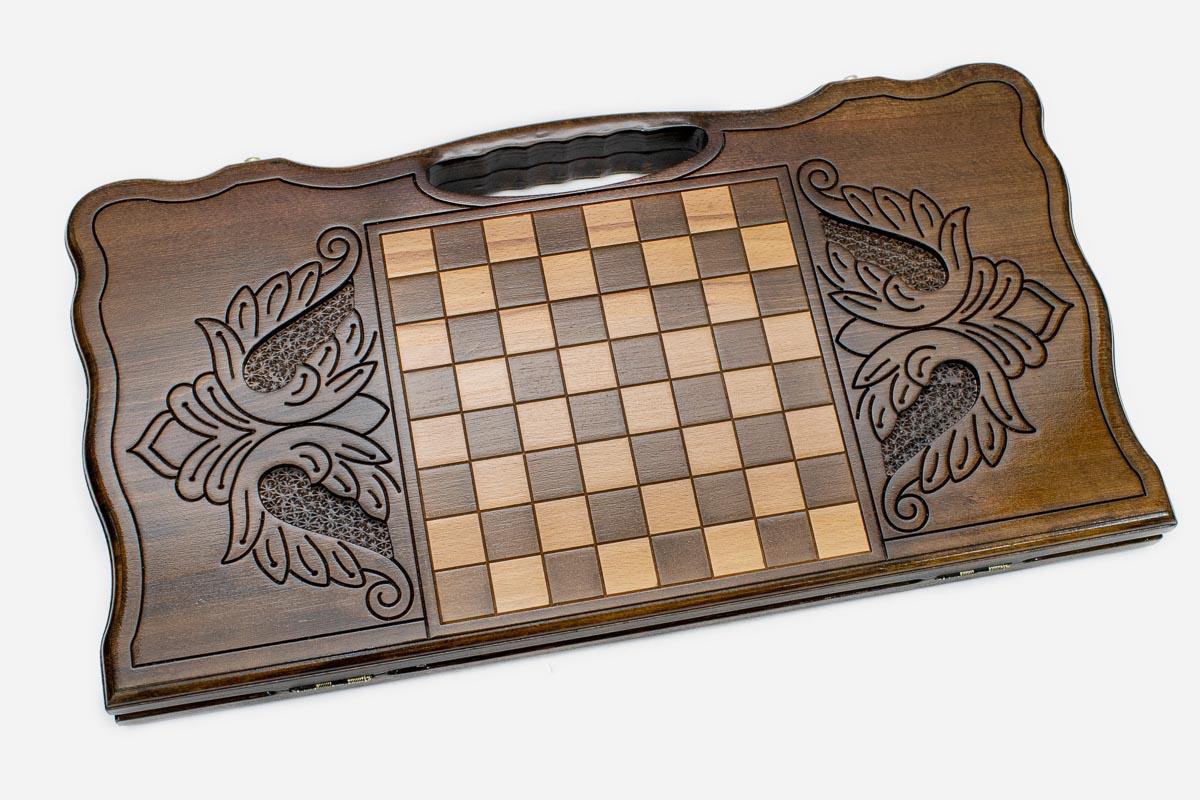 Angled view of the octagon medallion carved backgammon board