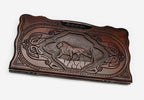 Carved beechwood backgammon board with a lion medallion and a carry handle, propped open
