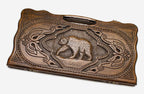 Carved beechwood backgammon board with a bear medallion and a carry handle, propped open