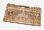 Carved walnut backgammon board with the Saint Gayane Church in a medallion, propped open