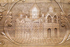 The backgammon board opened to show the wooden playing surface