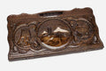 Carved beechwood backgammon board with Mount Ararat in a central medallion and two side scenes, propped open