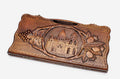 Carved beechwood backgammon board with Echmiadzin Cathedral in a medallion, propped open