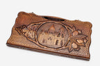 Carved beechwood backgammon board with Echmiadzin Cathedral in a medallion, propped open