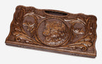 Carved beechwood backgammon board with a lone wolf medallion and a carry handle, propped open