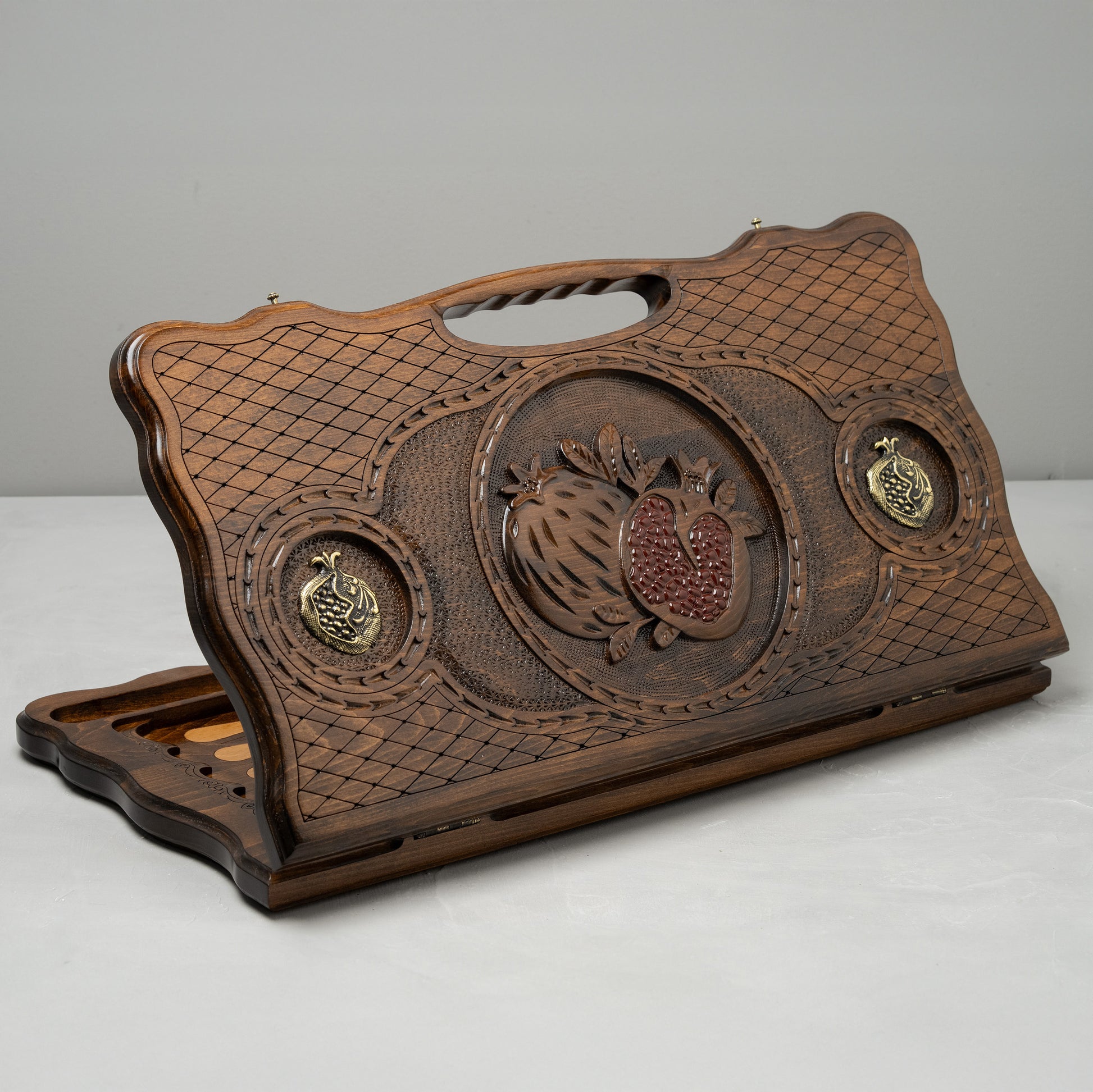 Luxury Backgammon Set – Pomegranate Design with Bronze Details - Unumperfectus