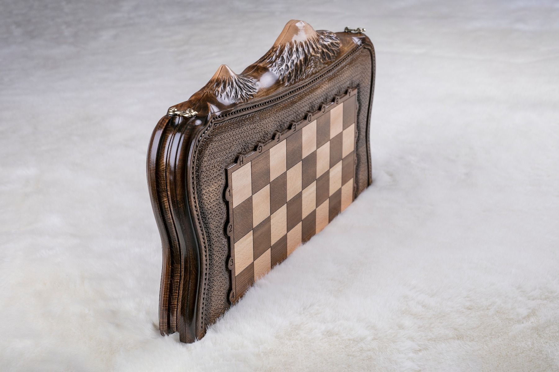 Handcrafted wooden chess set and wooden backgammon Armenian themed design
