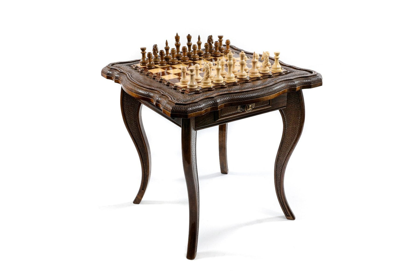 Close-up detail of the hand-carved chessboard surface and surrounding ornamentation by master artisan Hrachya Ohanyan.
