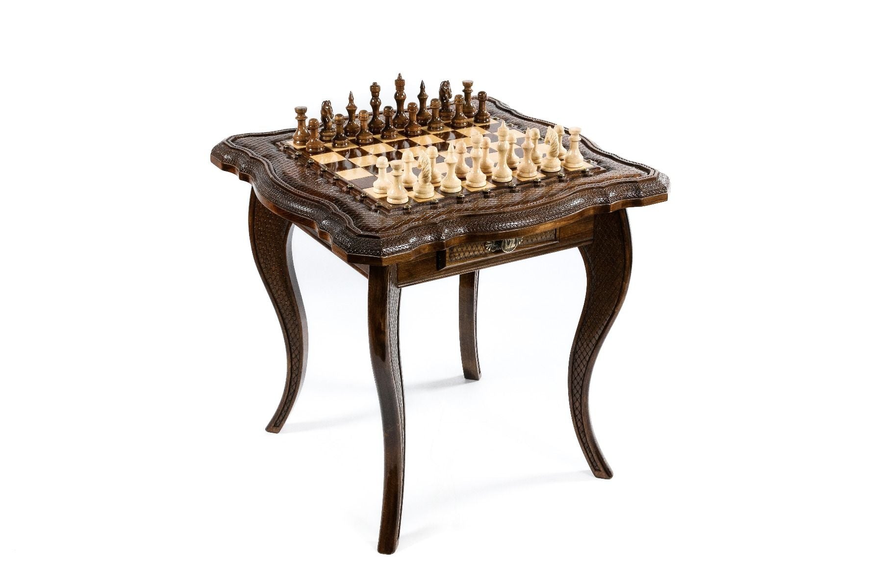 Close-up of the intricate design and detailing on the luxury handmade wooden chess table.
