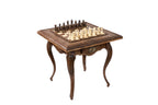 Top-down view of the wooden chessboard