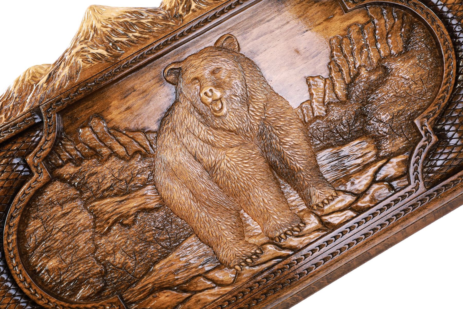 Handmade backgammon set featuring carved Bear and Deer wildlife art with mountain landscape.
