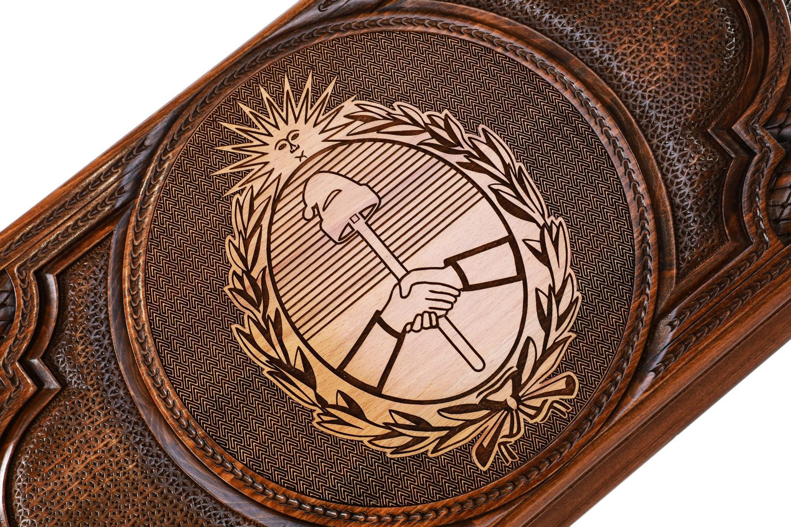 The interior view of the open Hrachya Ohanyan Argentina set highlighting the smooth wood finish and professional pips.
