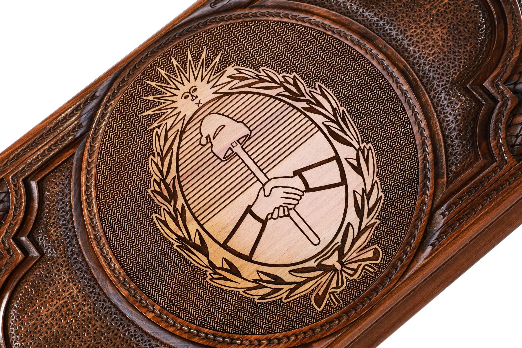 The interior view of the open Hrachya Ohanyan Argentina set highlighting the smooth wood finish and professional pips.
