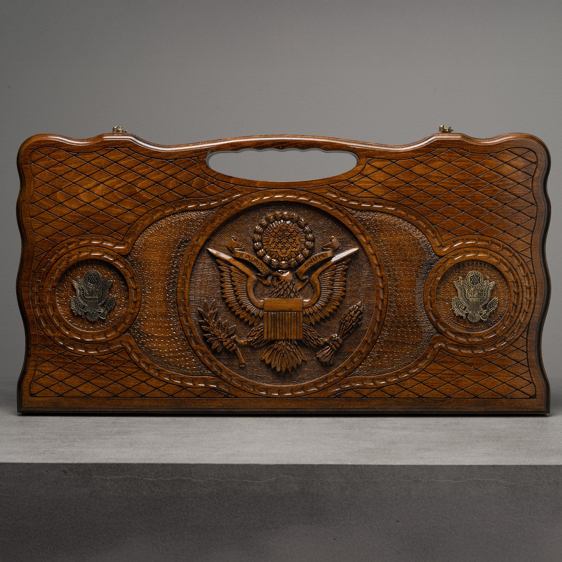 Handcrafted Backgammon Board Featuring US Seal Patriotic Design