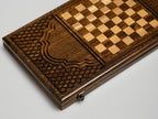 Wooden playing pieces and dice of the Armenian backgammon set