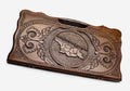 Carved beechwood backgammon board with the map of Georgia in a medallion, propped open