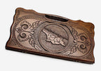 Carved beechwood backgammon board with the map of Georgia in a medallion, propped open