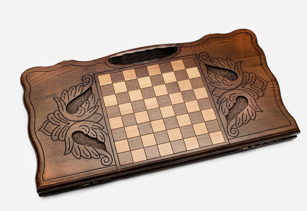 Angled view of the Georgian map medallion backgammon board