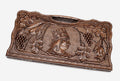 Carved beechwood backgammon board with King Tigran the Great and a carry handle, propped open
