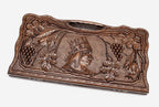 Carved beechwood backgammon board with King Tigran the Great and a carry handle, propped open