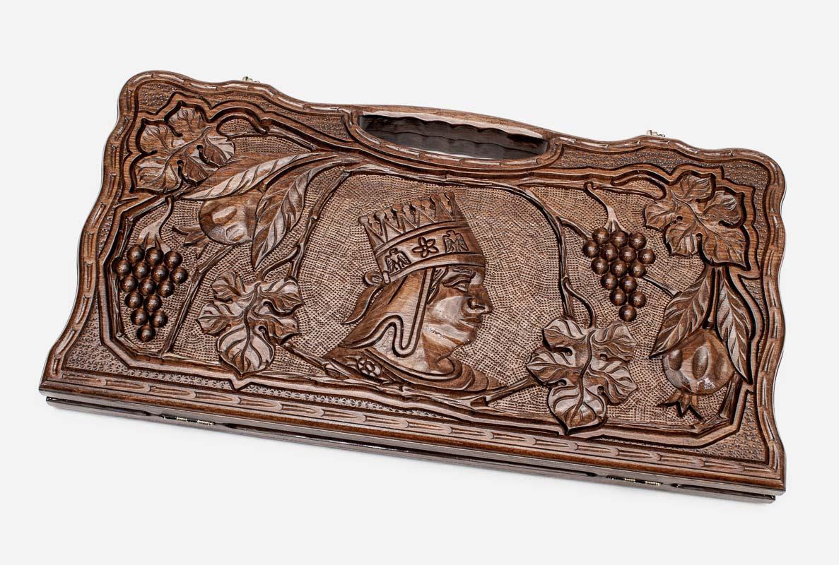 Carved beechwood backgammon board with King Tigran the Great and a carry handle, propped open