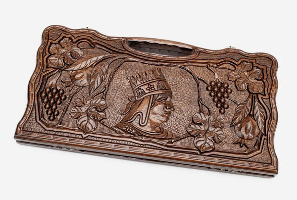Carved beechwood backgammon board with King Tigran the Great and a carry handle, propped open