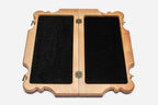 Overhead view of the full set of pieces on the maple and walnut board