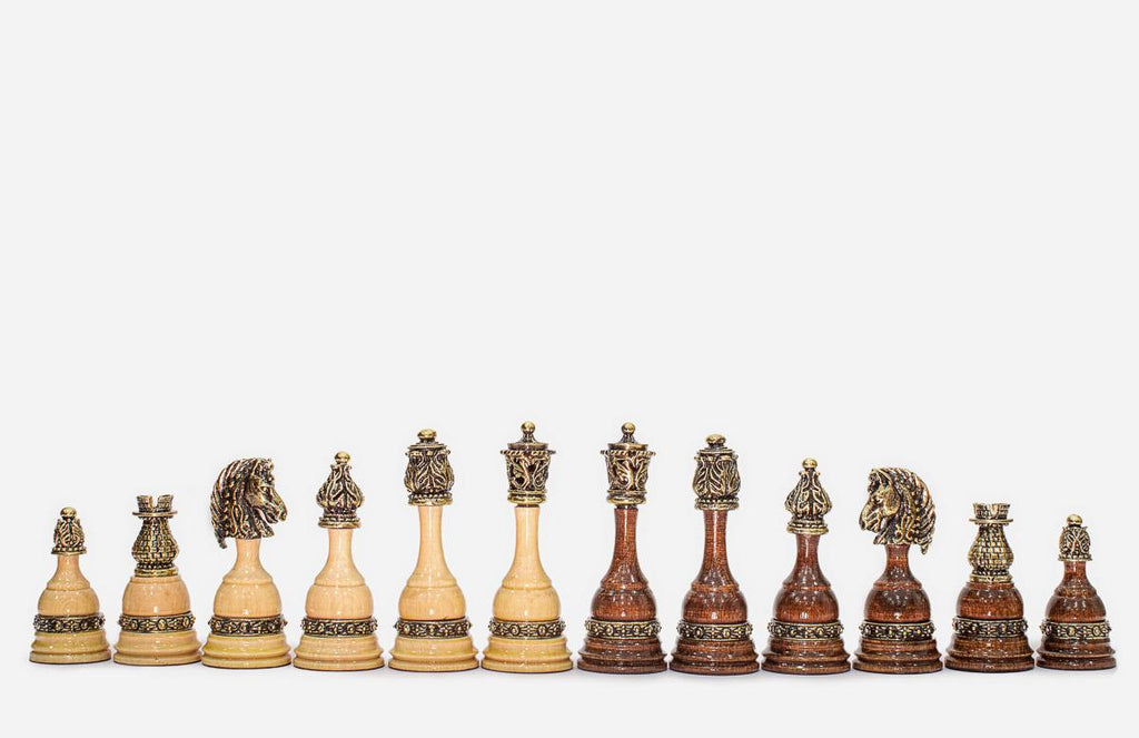 The finished royal carved chess set shown from an angle