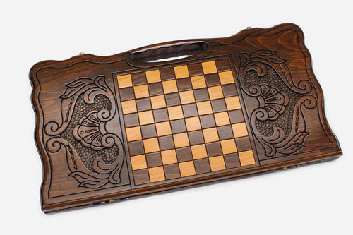 Angled view of the Armenia carved backgammon board