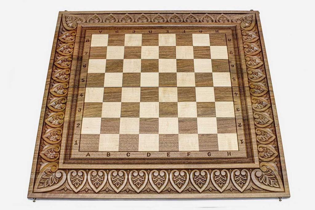 Royal Master-Carved chess and backgammon set shown folded with carry handle