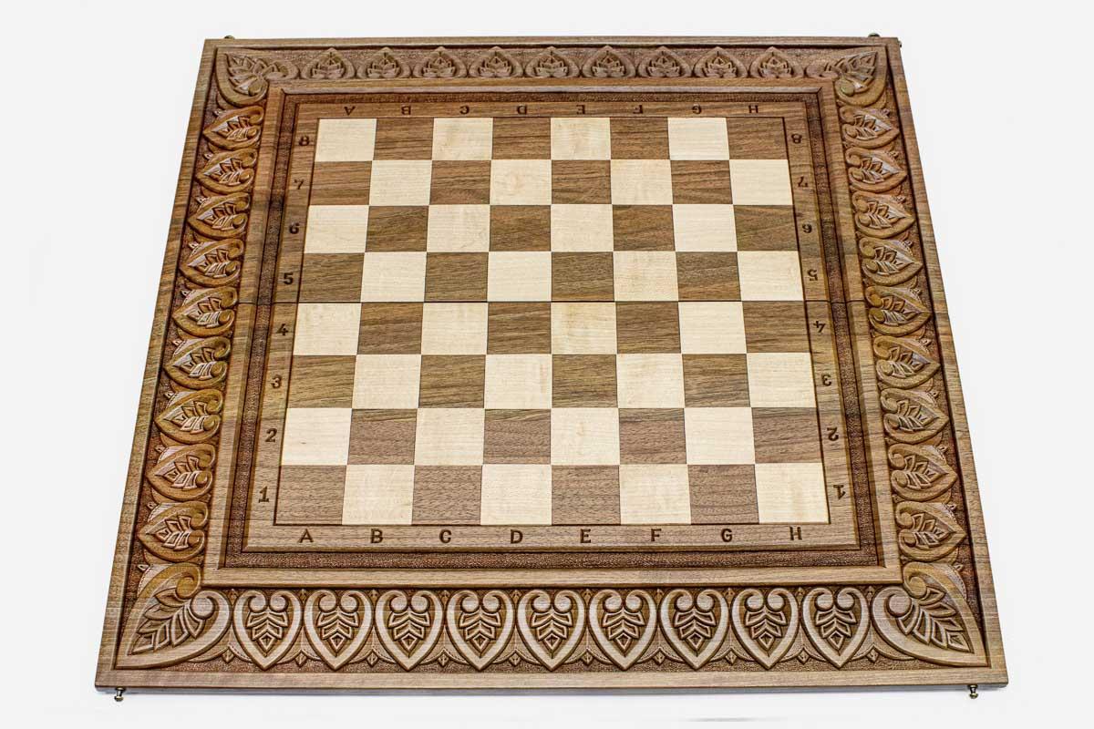 Royal Master-Carved chess and backgammon set shown folded with carry handle