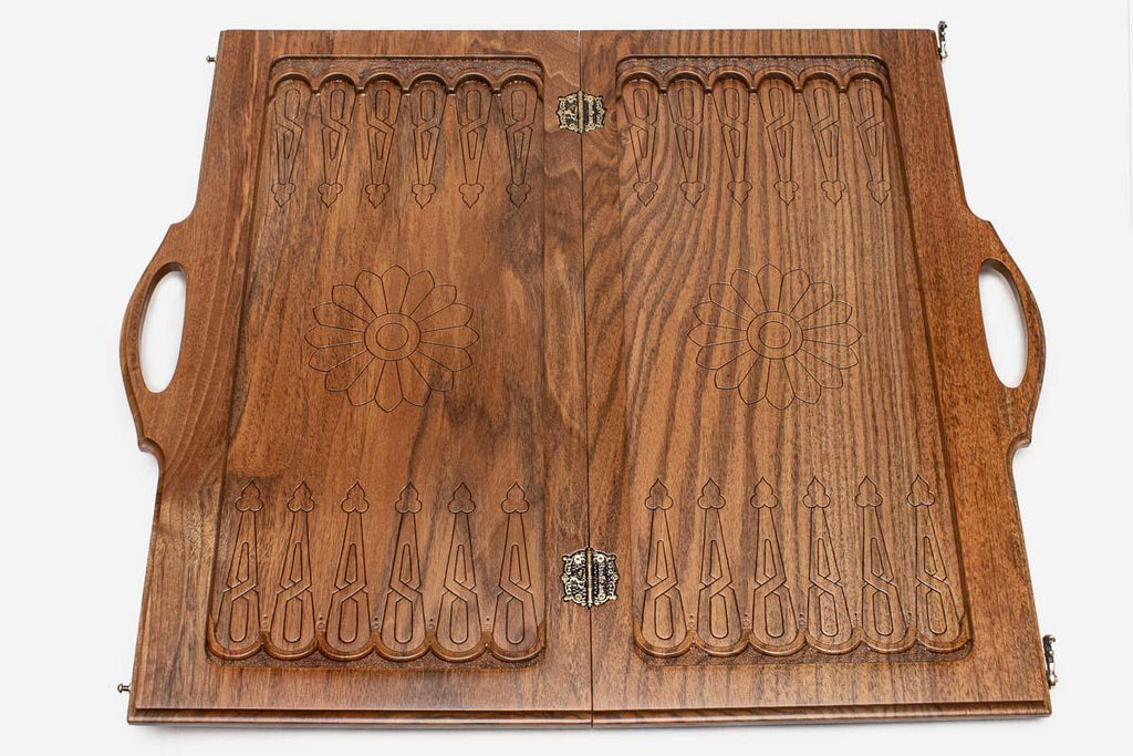 Master-Carved Ornate chess and backgammon set shown folded with carry handle
