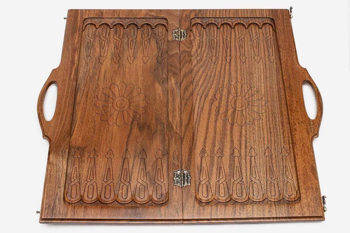Master-Carved Ornate chess and backgammon set shown folded with carry handle