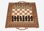 Master-Carved Ornate Walnut Chess and Backgammon Set with Bronze Pieces