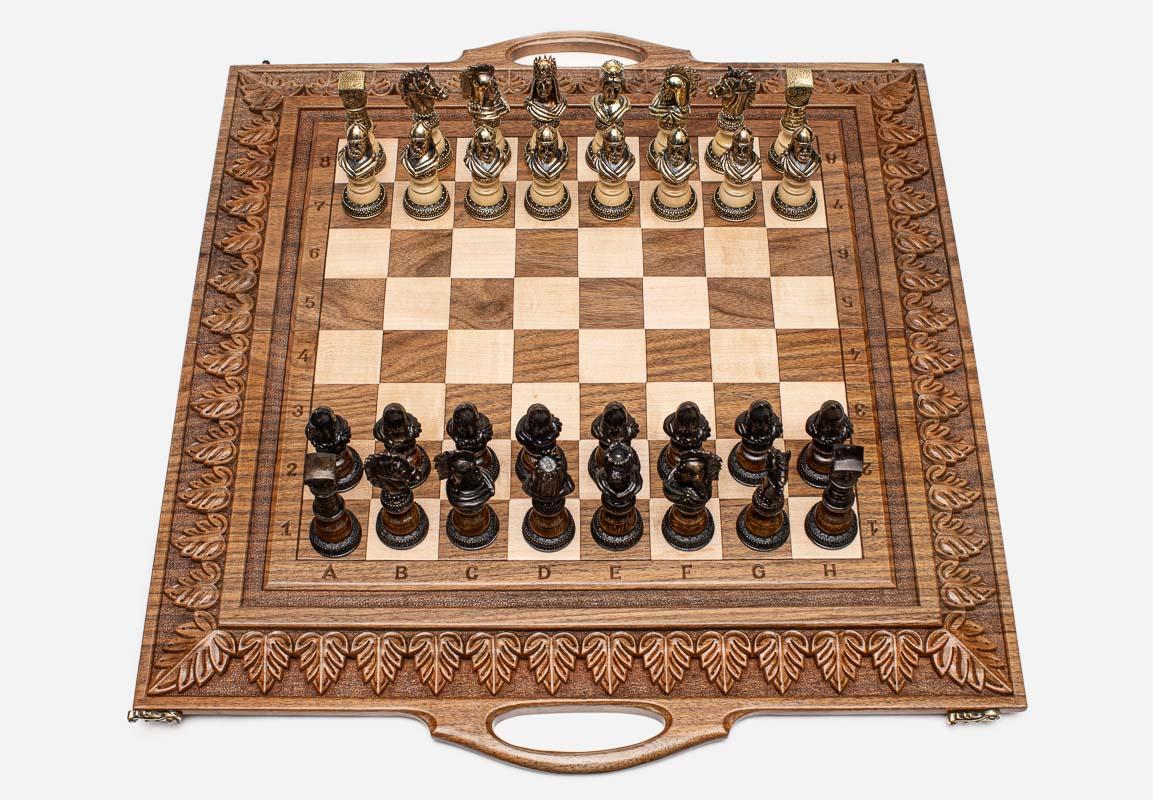 Master-Carved Ornate Walnut Chess and Backgammon Set with Bronze Pieces
