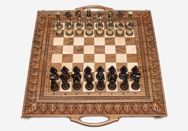 Master-Carved Ornate Walnut Chess and Backgammon Set with Bronze Pieces