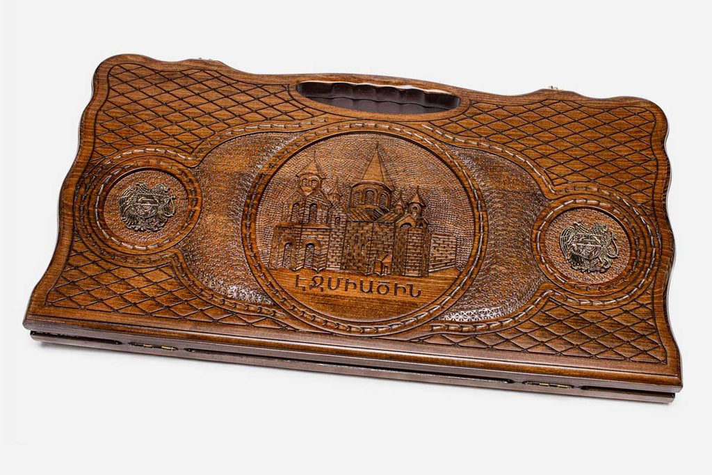 Armenian Backgammon Set - Etchmiadzin in Bronze - handmade wooden backgammon board