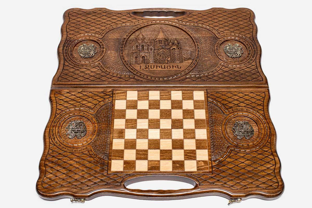 Armenian Backgammon Set - Etchmiadzin in Bronze - handmade wooden backgammon board