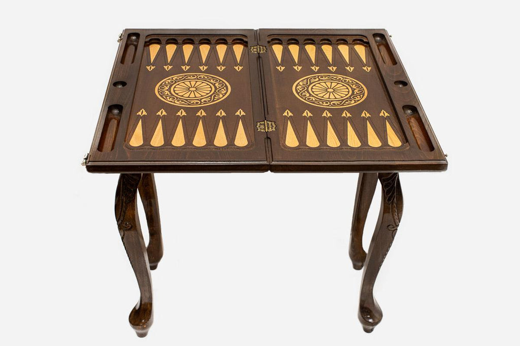 Handle Mount Ararat backgammon table opened flat showing the inlaid board