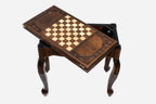 Handle Scalloped chess-backgammon table with chess pieces set up, angled view