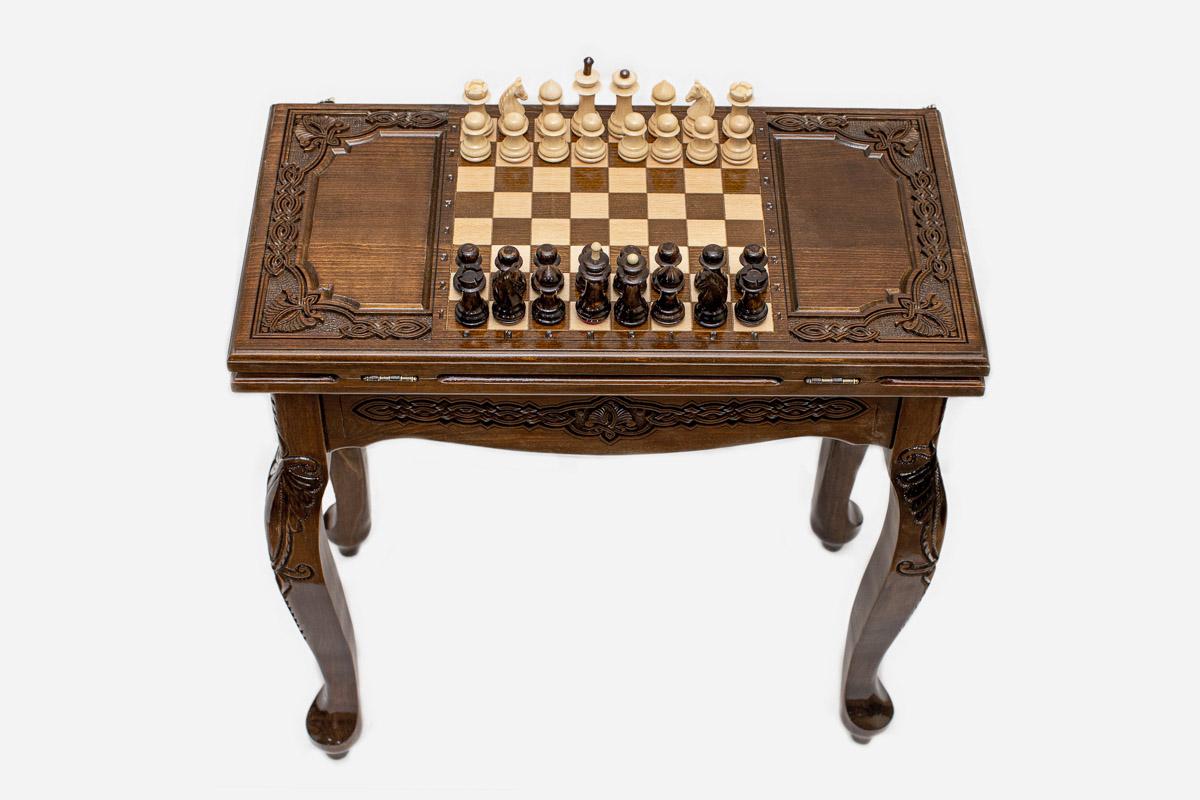Handle Scalloped chess-backgammon table set up for chess, straight front view