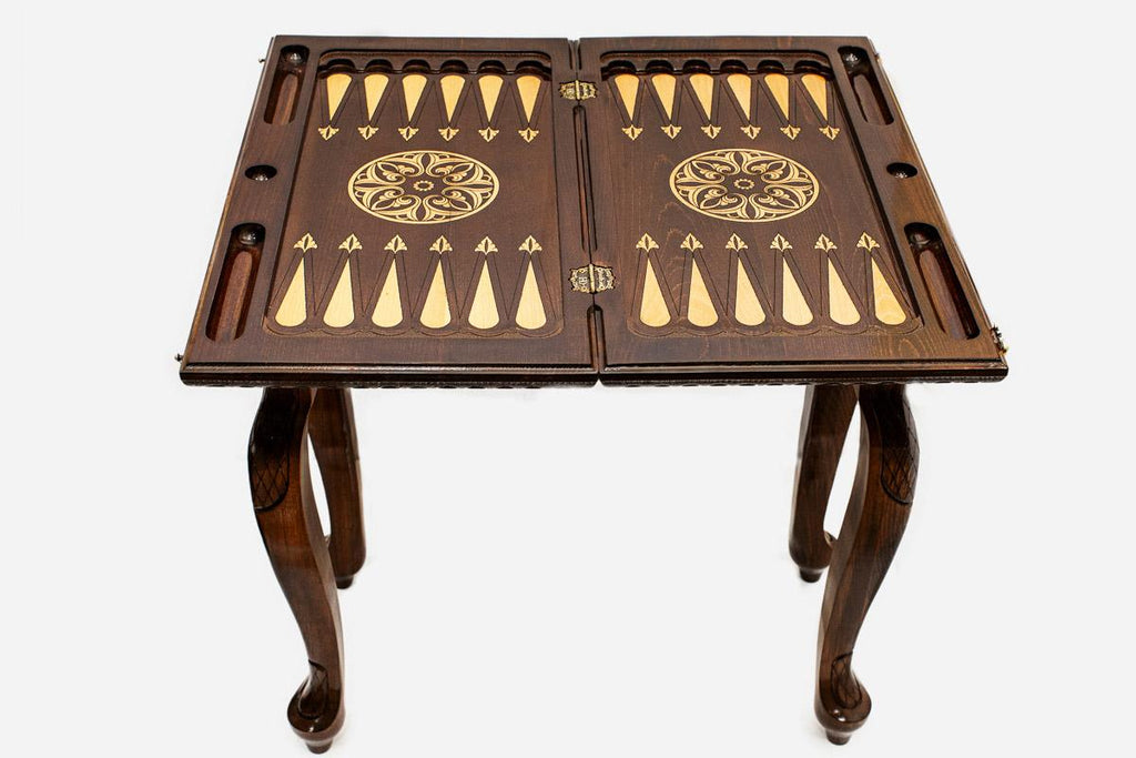 Handle Floral Medallion backgammon table opened flat showing the inlaid board