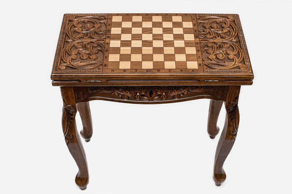 Handle Scrollwork chess-backgammon table opened flat showing the inlaid backgammon board