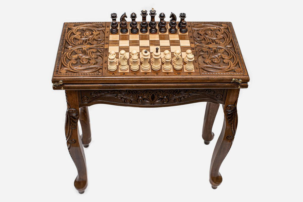 Handle Scrollwork chess-backgammon table set up for chess, straight front view