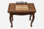 Handle Scrollwork chess-backgammon table set up for chess, straight front view