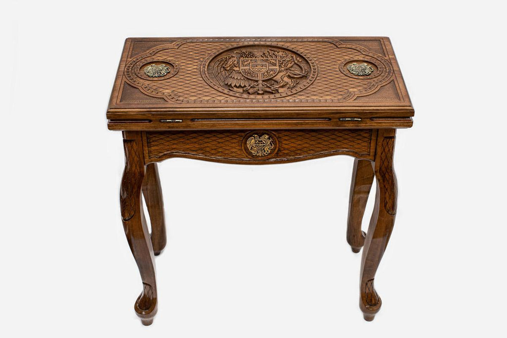 Handle Armenian Coat of Arms backgammon table opening to reveal the board