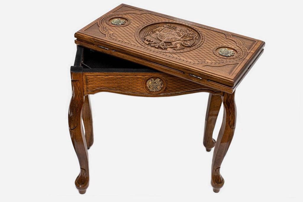 Handle Armenian Coat of Arms backgammon table closed, front view showing the carved medallion