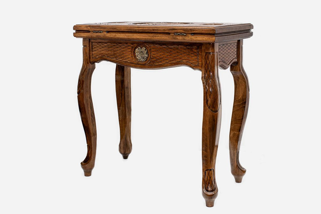 Handle Armenian Coat of Arms backgammon table, side elevation showing the cabriole legs