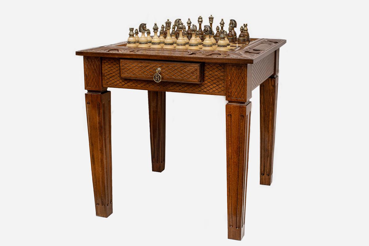 Classic Beech Chess Table with Bronze Pieces
